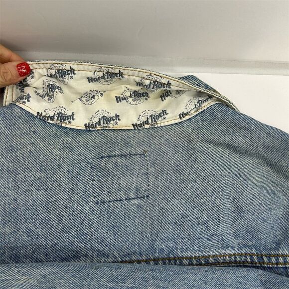 Vintage Hard Rock Cafe Orlando Unisex XL Blue Denim Bomber Jacket Music Flawed - Picture 16 of 16